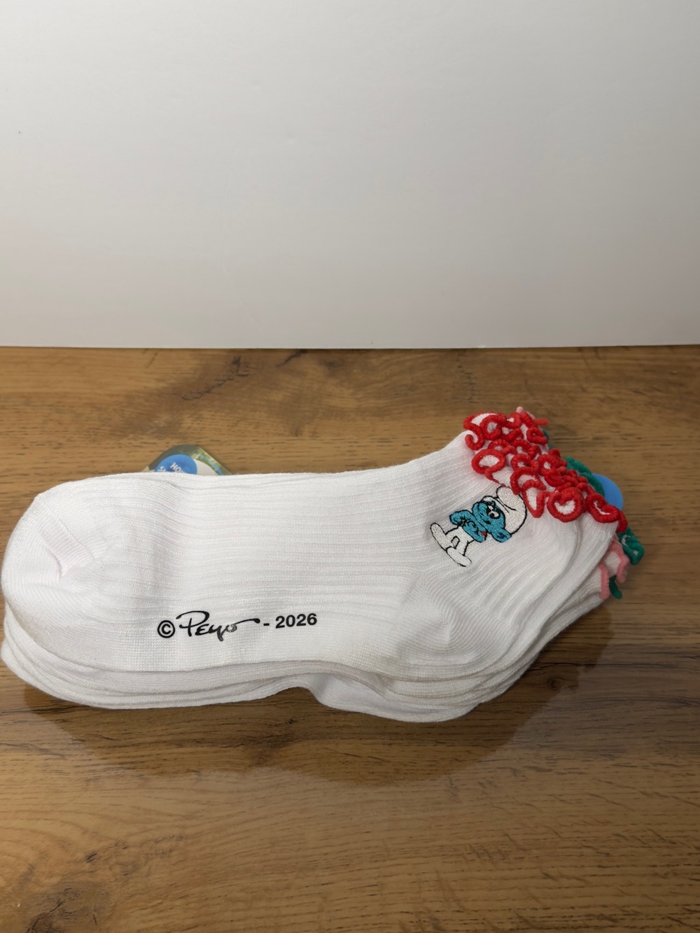 NWT White Smurf Embroidered Colorful Ruffle Ankle Socks - 6 Pair